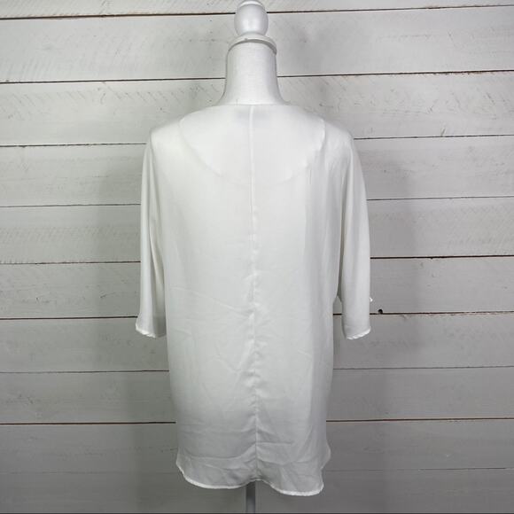 RO & DE Anthropologie White Gray‎ Floral High Low Short Sleeve Blouse Top Size M - Picture 7 of 11